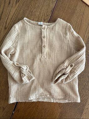 Colored Organics Beige Long-Sleeve Roll Tab Henley Top